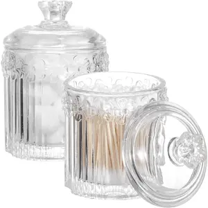 2 Pack Qtip Holder Glass Apothecary Jars with Lids Bathroom Vanity Organizers and Makeup Storage Canister for Cotton Swabs, Balls, Pads, Floss Picks, Candy, Clear