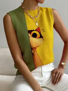Women's Colorblock Cat Animal Print Sweater Vest, Casual Sleeveless Knit Top, Comfortable Breathable Spring Fall Autumn Wear, Womenswear