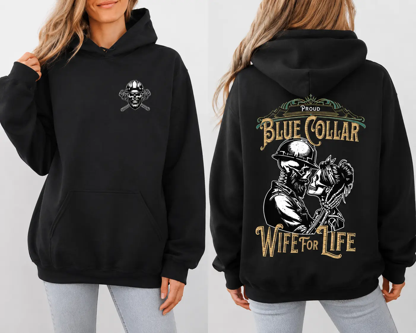 Blue Collar Wife Club Hoodie Spoiled Wife Skull Graphic Pullover Merch Gift for Wife Mom Valentine Gift Tough Love Workwear Embroidered Swearshirt