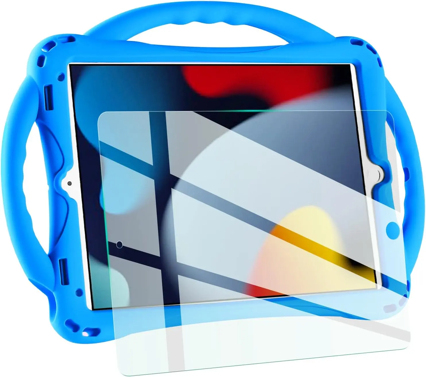 Kids Case for iPad 10.2 inch - Shockproof Silicone Cover with Tempered Glass Screen Protector and Strap - Compatible with iPad 9th/8th/7th Gen (2021)"(Blue)