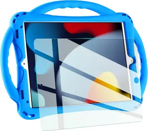 Kids Case for iPad 10.2 inch - Shockproof Silicone Cover with Tempered Glass Screen Protector and Strap - Compatible with iPad 9th/8th/7th Gen (2021)"(Blue)