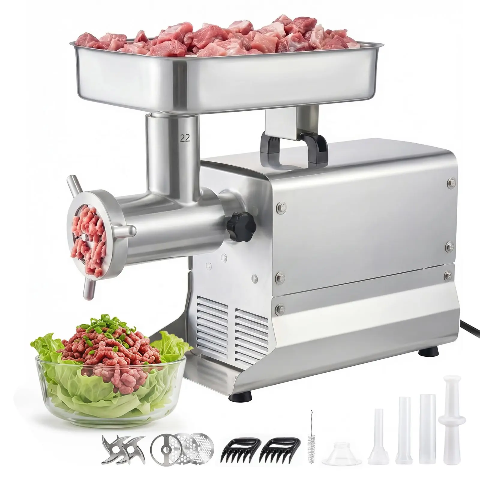 Commercial Electric Meat Grinder With 13 Lbs/Min Capacity, #22 Mincer, 3 Plates, 3 Sausage Stuffing Tubes, 750W / 1HP, Stainless Steel Sausage Maker For Home Kitchen And Restaurants, ETL Listed