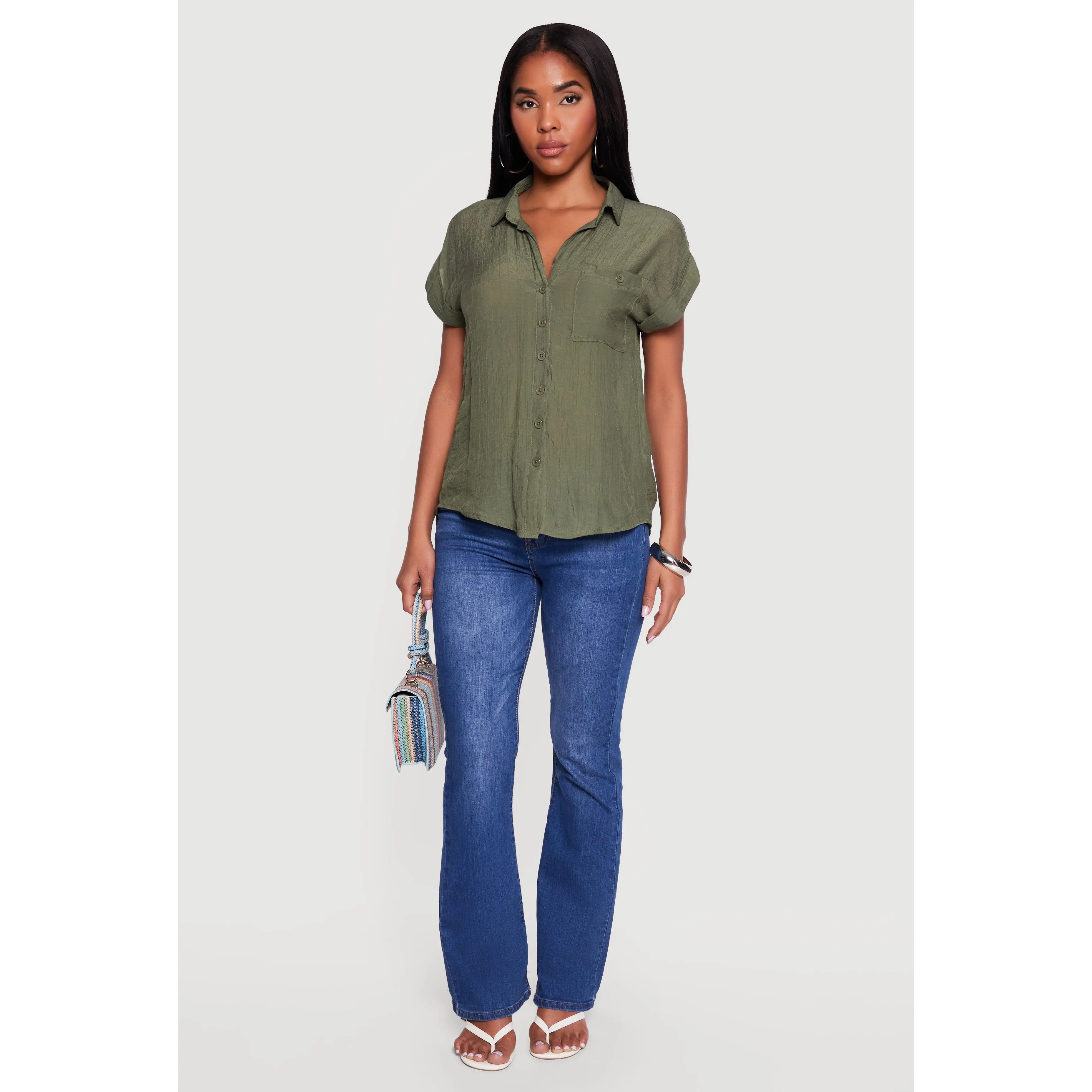 Solid Gauze Knit Short Sleeve Button Front Shirt