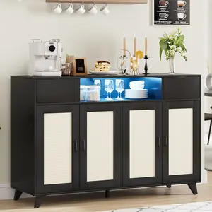 Gaomon Classic Rattan Accent Sideboard Buffet Cabinet - Large, 2 Drawers, 4 Doors, Power Outlets, Adjustable Shelves, Anti-Tip Kit, Natural Lines, Wall-Mountable Console Table for Living Room, Dining Room, Kitchen Storage, 2 Ac Outlets
