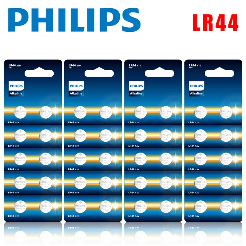 PHILIPS 40 Pack (10PCS/ Per Card) High Capacity LR44 Batteries L1154F AG13 357 303 SR44 A76 Premium Alkaline Battery Long Lasting Button Coin Cell