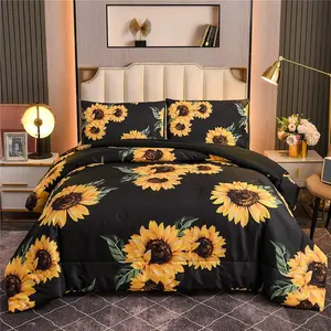 Black Sunflowers Comforter Set Queen Yellow Floral Botanical 3-Pieces Microfiber Bedding for Girls Teens (Black, Queen)
