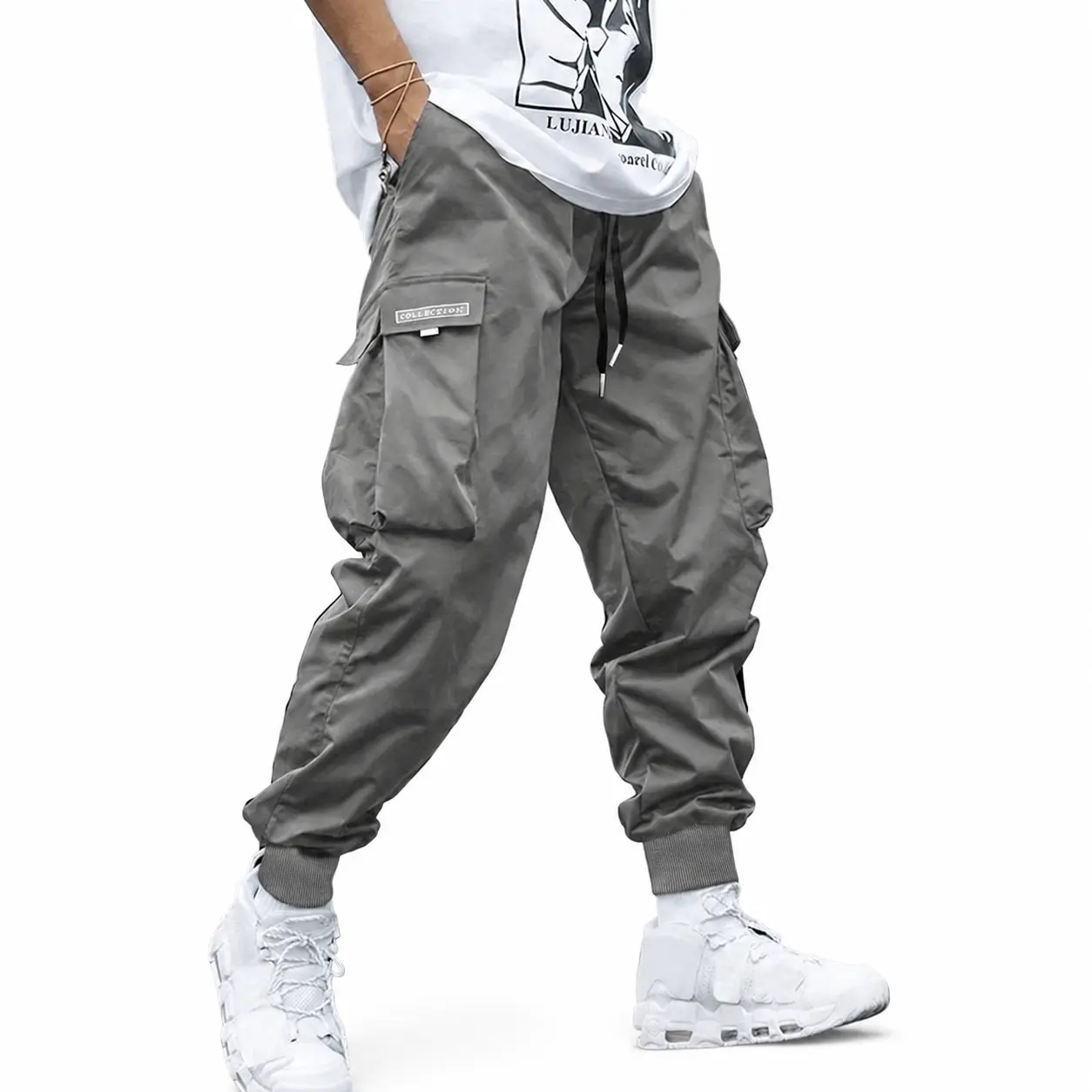 Men's Basic Loose Fit Polyester Cargo Jogger Pants - Lightweight Grey Activewear with Multiple Pockets, Drawstring Waist for Outdoor Use, Cargo Style, Athletic, Outfits, Sporty Chic, Cropped Hem