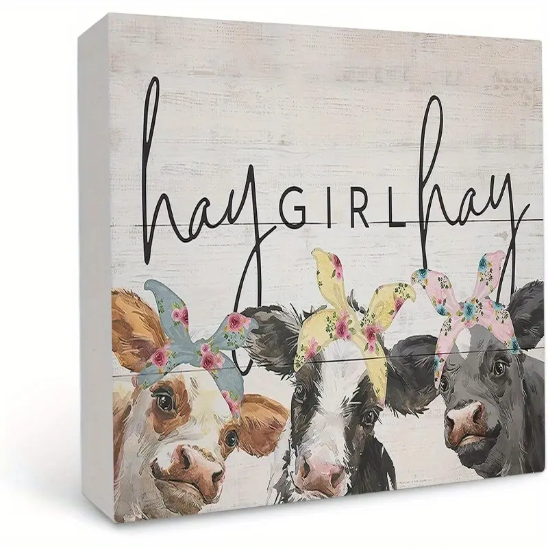 Farmhouse Hey Girl Hey Cow Wood Box Sign Desk Decor, Cow Decor, Rustic Wood Block Plaque Box Sign for Girls Room College Dorm Shelf Table Decor 5x5 Inch, Western Decor for Home