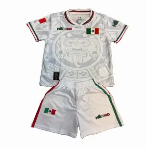 Mexico Calendario Azteca Soccer Jersey White with Team Logo National Flag Design Comfortable Short Sleeves Soft 100% Polyester Expandable Shoulders Tagless Durable Snaps