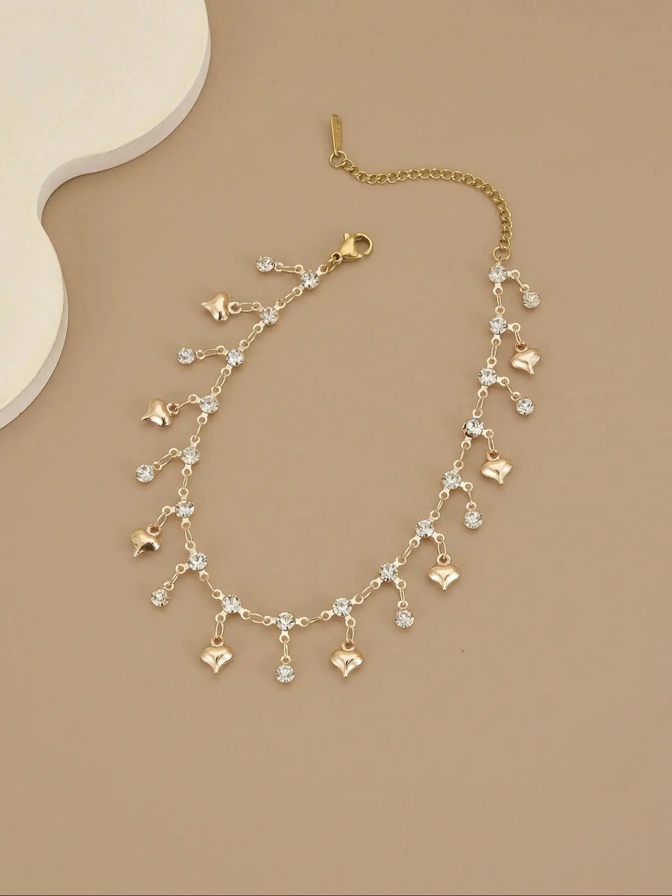 Women's Stainless Steel Heart Anklet with Shiny Rhinestones, Dainty Foot Chain Jewelry for Summer Beach Wear, Trendy Jewelry, Elegant Accessory