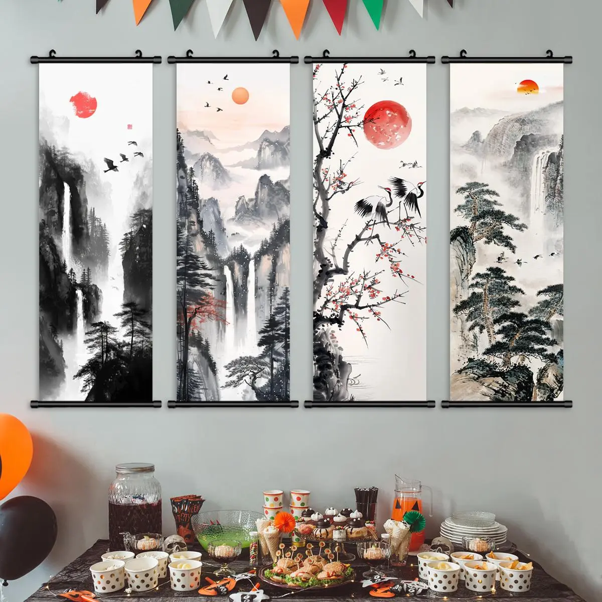 Landscape Pattern Decorative Wall Art, 4 Counts/set Artistic Canvas Painting with Pothook, Aesthetic Wall Decor for Home Living Room Bedroom Study Room
