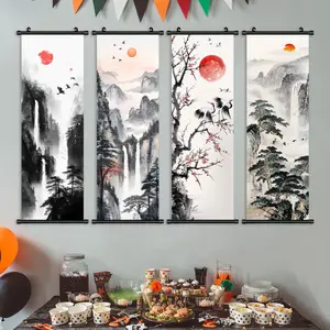 Landscape Pattern Wall Art, 4 Counts/set Artistic Canvas Painting with Pothook, Wall Decor for Home Living Room Bedroom Study Room