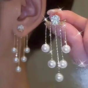 Luxury Rhinestone Drop Earrings - Pearl Accents, Iron Ear Post, Alloy Composition, Unplated - Perfect for Party and Banquet Occasions