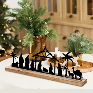 Vintage Black Metal Nativity Scene Set - Elegant Wooden Base with Mary Joseph and Wise Men Figures for Holiday Decor Traditional Religious Ornaments Inflatable Christmas Tree