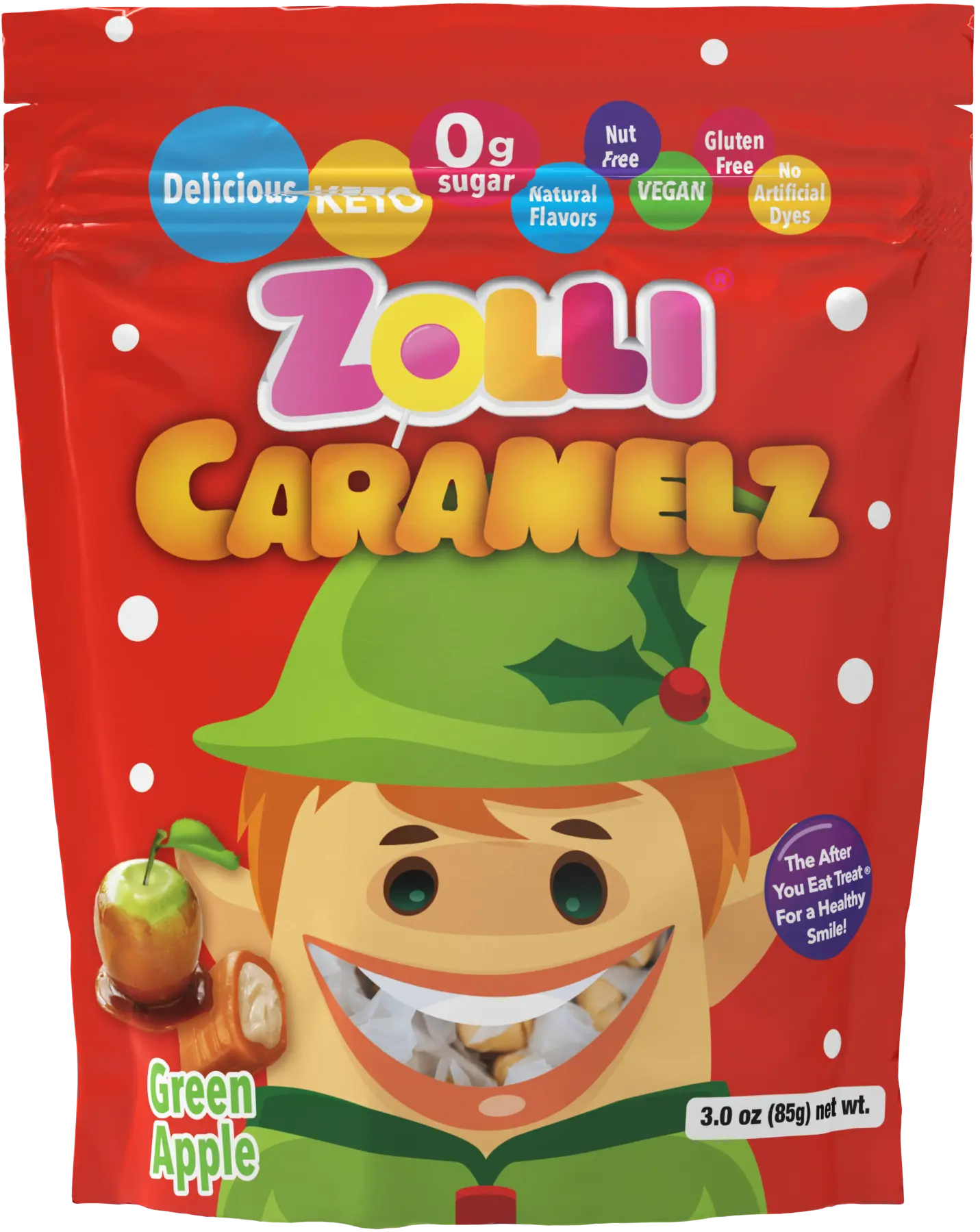 Zolli Holiday Caramelz Green Apple Candy - Zero Sugar, Vegan, Gluten Free, Dairy Free, Keto Friendly, Fruit Flavors, No Artificial Colors, 3.0 oz Snack