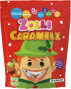 Zolli Holiday Caramelz Green Apple Candy - Zero Sugar, Vegan, Gluten Free, Dairy Free, Keto Friendly, Fruit Flavors, No Artificial Colors, 3.0 oz Snack