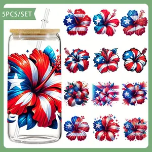 5Pcs/Set Puerto Rico Hibiscus Flower UV DTF Cup Packaging Suitable For 21 Ounce Glass Jars - Colored Self-Adhesive Transfer Paper High Adhesive Stickers Adhesive Vinyl Decal DIY Crafts Laptops Notebooks Et