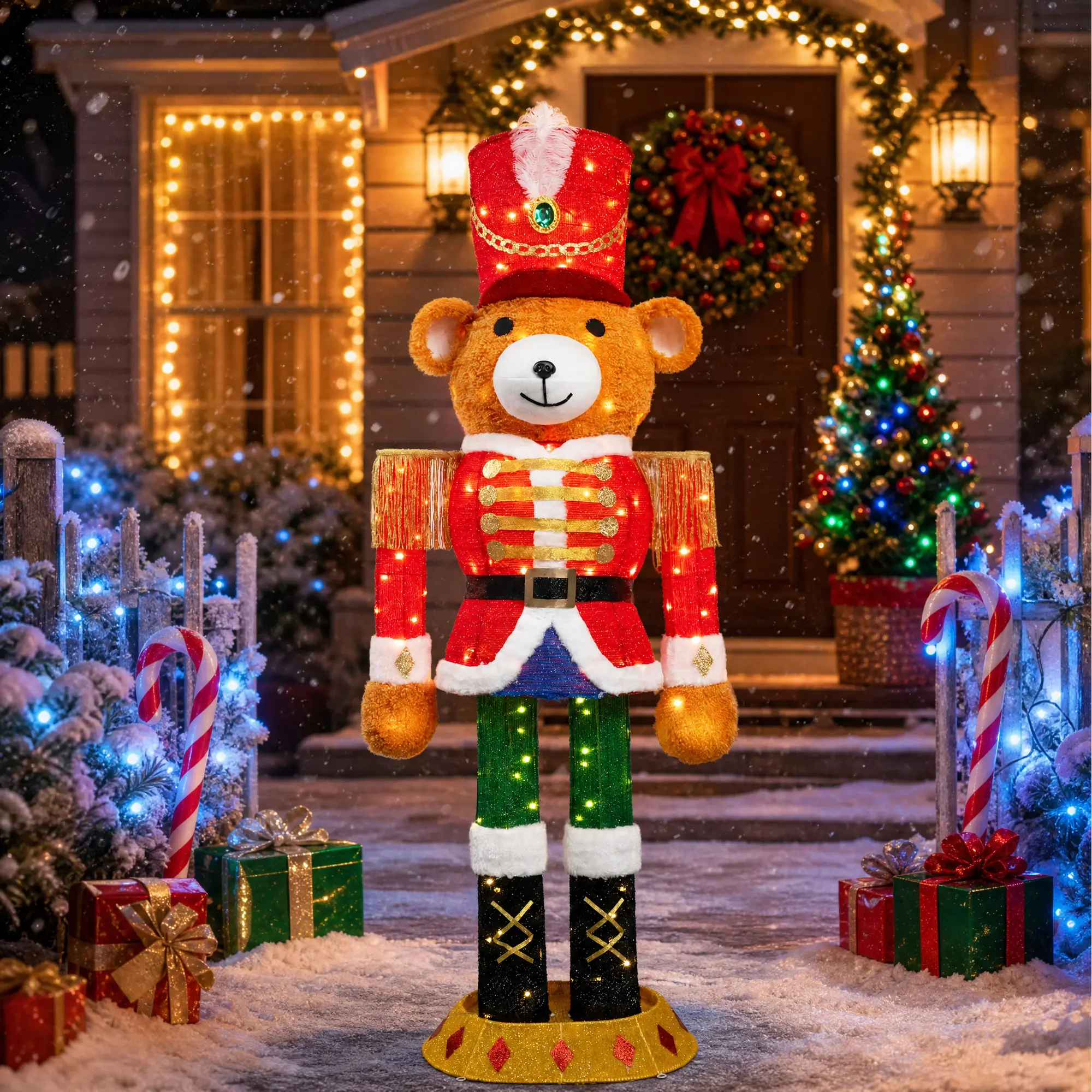Hourleey 5 FT Standing Traditional Pop-Up 3D Nutcracker Bear, 150 LED Lights Waterproof Outdoor Christmas Yard Porch Decor, Home Festive Holiday Xmas Supply