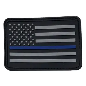 The Thin Blue Line Flag Patch  - PVC Rubber w Velcro Hook Backing - Thin Blue Line American Flag 2" x 3"