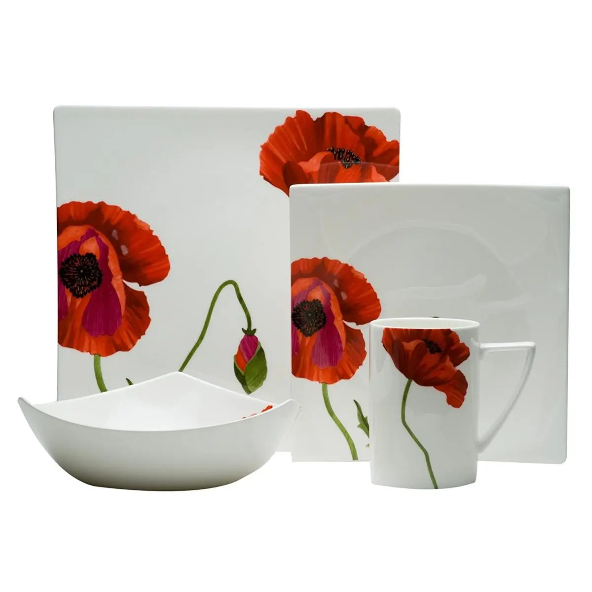 Red Vanilla SB3400-904 Bold Poppy Print Square Ceramic 4-Piece Dinner Tableware Set, Oven-Safe Kitchenware for Striking Table Settings