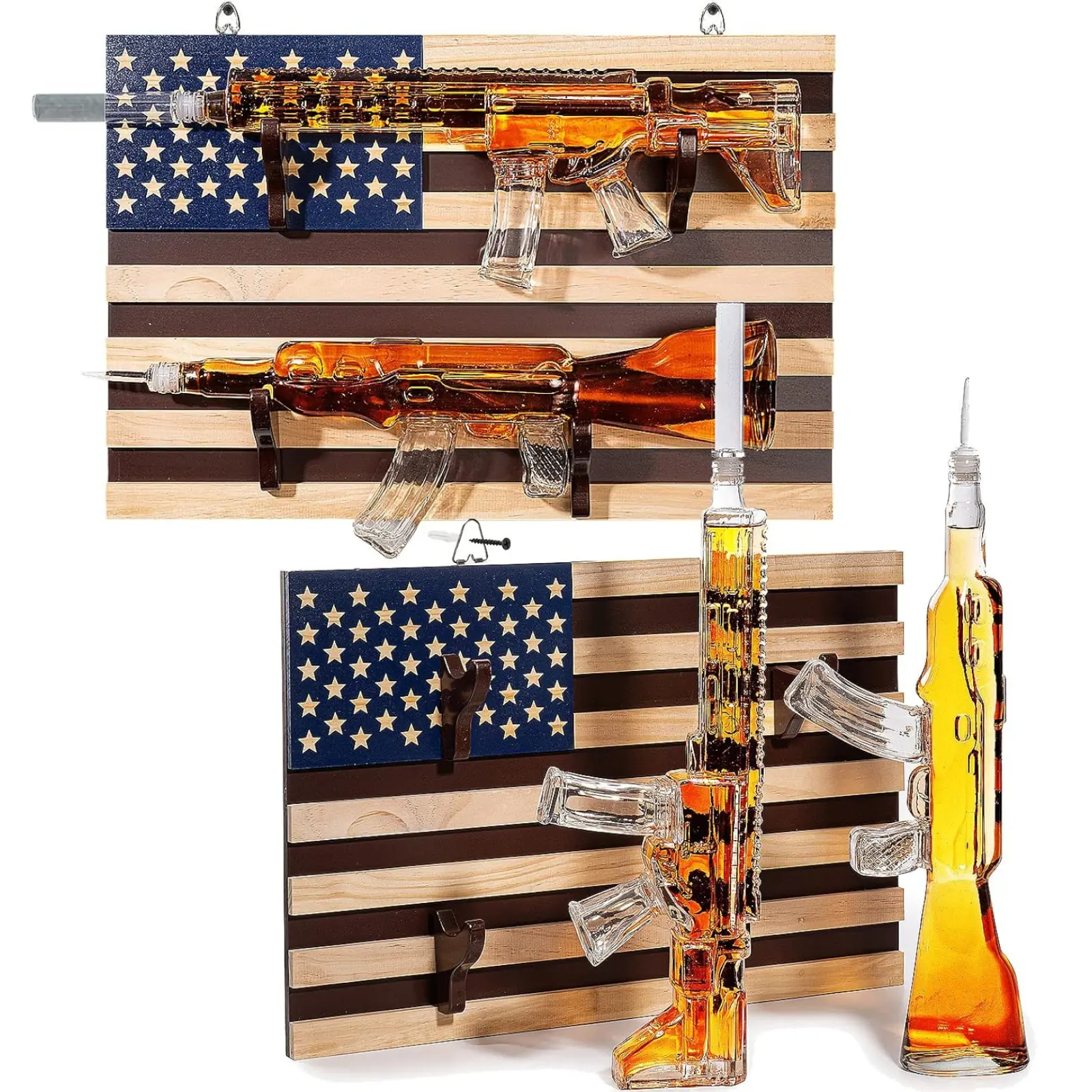 Gifts for Men Dad, Whiskey Decanter Set, 2 Gun Whiskey Decanters Set AR15 and AK47 Gun Decanter 1000ml American Flag Wall Rack - Veteran Gifts, Gun Lover Gifts, Tik Tok Gun Decanter, Military Gifts
