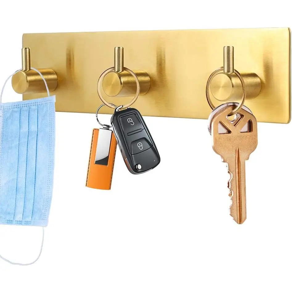 Key Holder for Wall Decorative, Adhesive Stainless Steel Key Hooks, Key Hanger Key Organizer for Wall, Towel Hook Coat Hanger for Entryway Hallway Kitchen(Three Rows,Golden 1 count)
