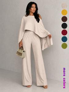 two-piece set women's solid color top & elastic waist pants, casual fashion cozy top & trousers for daily outdoor wear, women's clothing for fall