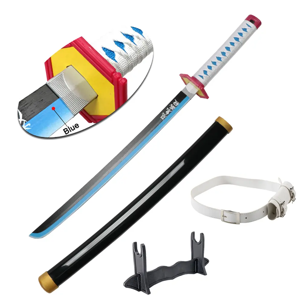 ELERVINO 1 x 31-in Bamboo Wooden Unisex Demon Slayer Tomioka Giyuu Plastic Cosplay Sword, with White Belt, Holder Stand Display, Swords for Ages 12+, Christmas Decoration, Halloween Anime Role-Playing Props