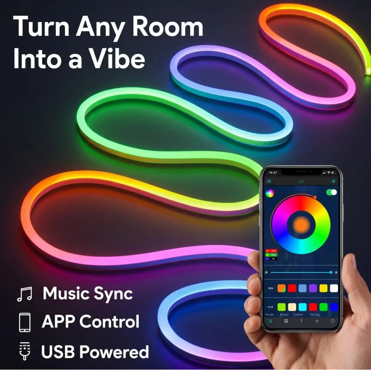 USB-Powered RGBIC LED Neon Strip Lights - Tech Gadgets with App & Remote Control, Music Sync 5V Flexible Room Decor for Bedroom Inspo, Smart Multi-Mode July 4th Party Accent Backlight