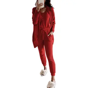FMEYOA Womens Waffle Knit 3 Piece Lounge Sets Pajama Tank Top Long Sleeve Cardigan and Pants Loungewear Outfit