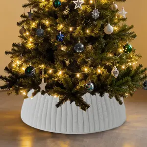 White Christmas Tree Collar, Luxury Plush Foldable Christmas Tree Base Cover Ring Skirt with Stripe Textured Pattern for Xmas New Year Holiday Party Decor, Easy to Set Up & Storage, 23"-28"