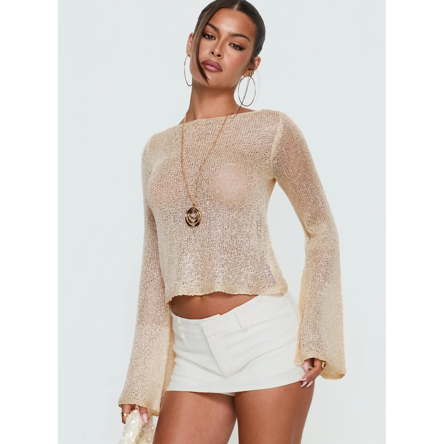 Evanne Long Sleeve Knit Top Champagne
