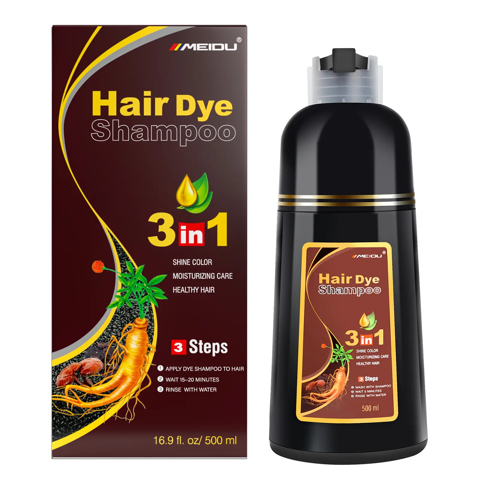 MEIDU Dark Brown 3 in 1 Hair Dye Shampoo - Herbal Ingredients,Can cover gray hairs,Natural Haircoloring,Plant Haircare