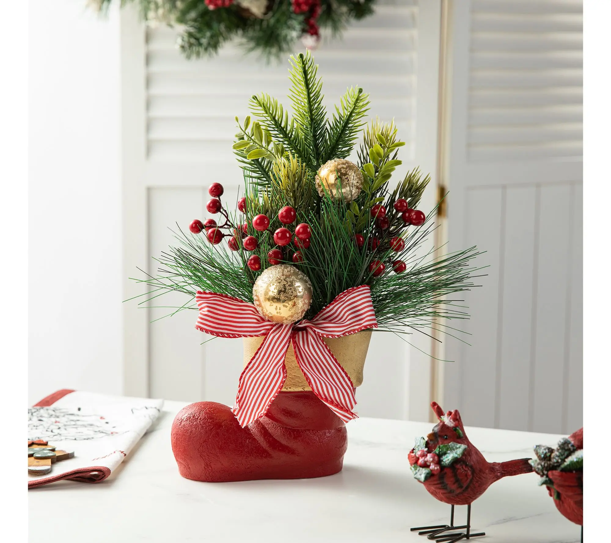 Glitzhome 14"H Pine Needle & Berry Christmas Boot Centerpiece