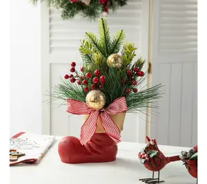 Glitzhome 14"H Pine Needle & Berry Christmas Boot Centerpiece