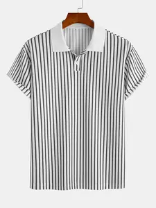 Men's Stretch Knit Jacquard Striped Polo Shirt, Short Sleeve Color Block Ribbed Collar, Casual Summer Textured Tee, Comfortable and Stylish Tops Menswear