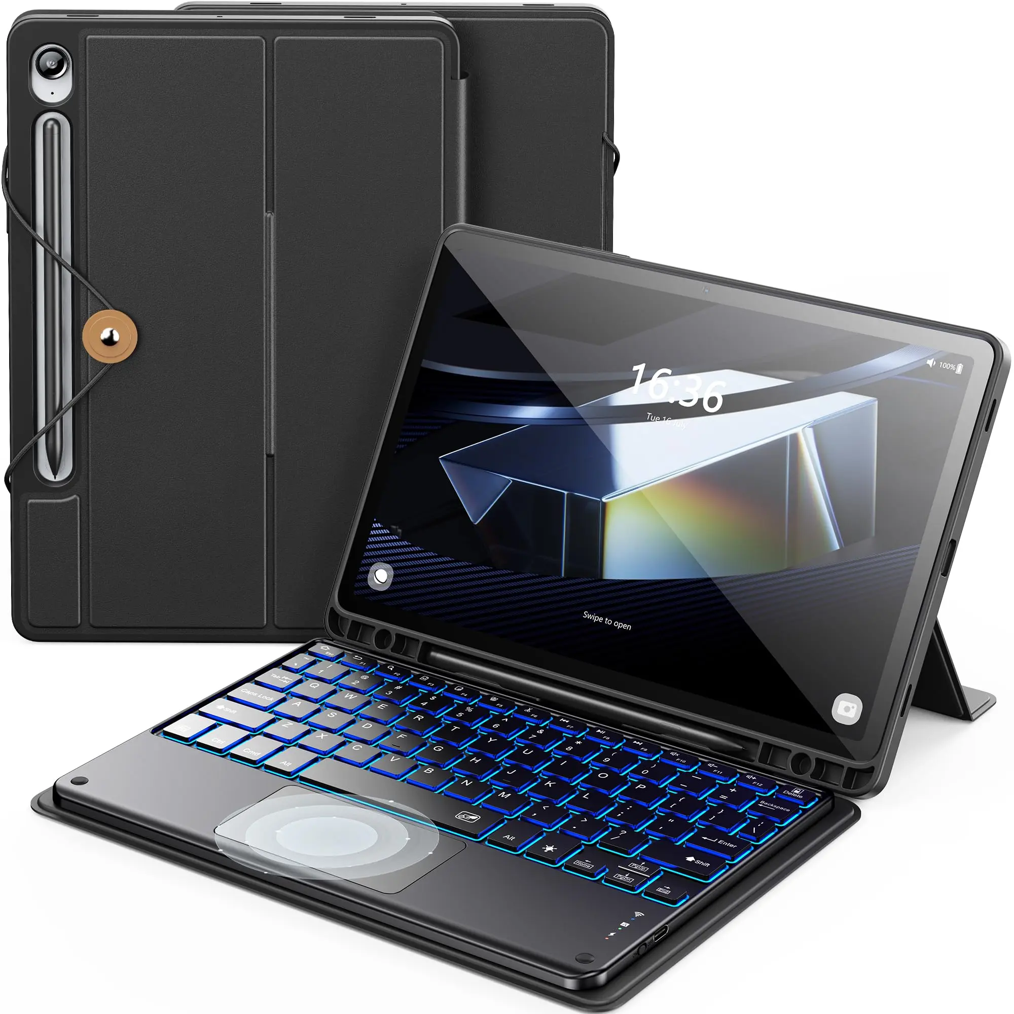 INFILAND Keyboard Case for Samsung Galaxy Tab S10 Lite/ S10 FE/S9 FE/S9 with 7-Color Backlight & High Precision Trackpad, Slim Detachable Folder Style Keyboard Case, Black
