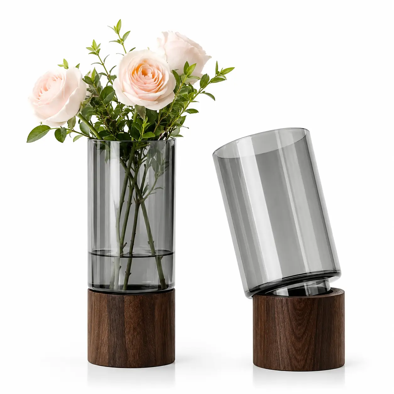 2-Piece Vintage Embossed Glass Cylinder Vases Set with Wooden Base, Centerpieces for Living Room Home Decor, Friend Gift, Glass Cylinder Vases For Centerpieces