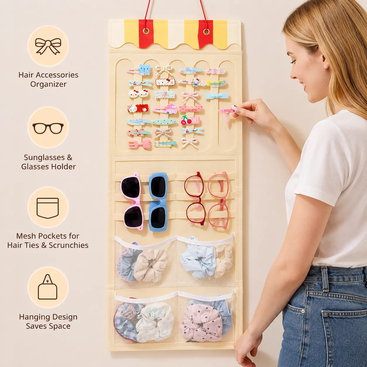 1 Piece Felt Hanging Hair Accessory Organizer, Multi Partition Wall Mount Storage Holder for Hair Clips, Sunglasses, Hair Ties and Headbands
