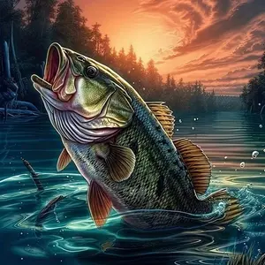 5D Diamond Painting Kit - Largemouth Bass Jumping at Sunset, Full Round Drill Realistic Fishing Mosaic Art, DIY Rhinestone Embroidery for Man Cave & Fishing Enthusiast Gift