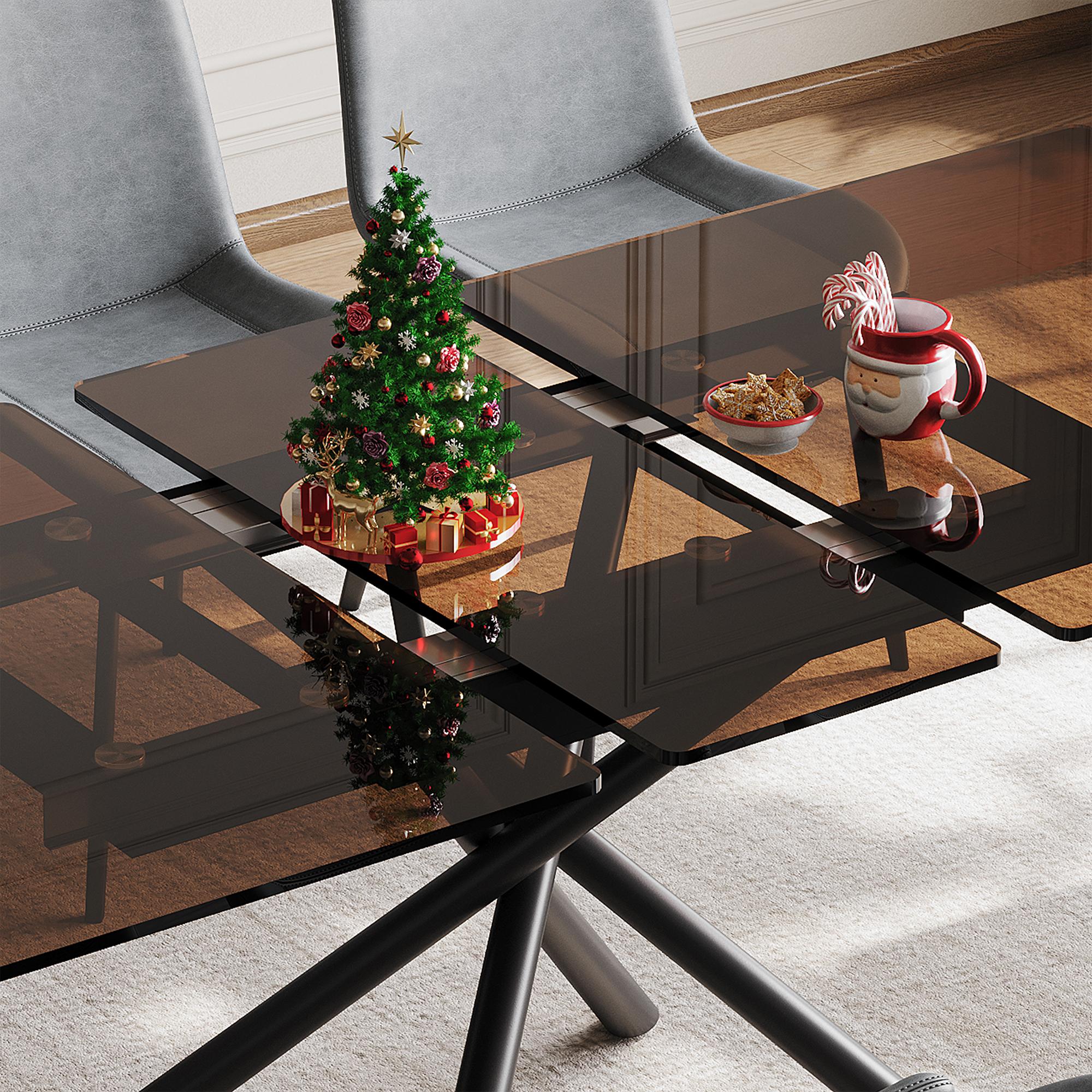 59" Expandable Modern Dining Table with Retractable Leaf, Space Saving Glass Top & Steel X-Base for Small Kitchen Apartment, Dark Brown