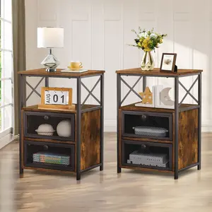 VECELO NightstandWith 2 Flip Drawers Bedside Table End Table 2 Tiers Storage Shelves for Living Room Bedroom,Small Spaces Set of 2,Set of 1 Nightstand