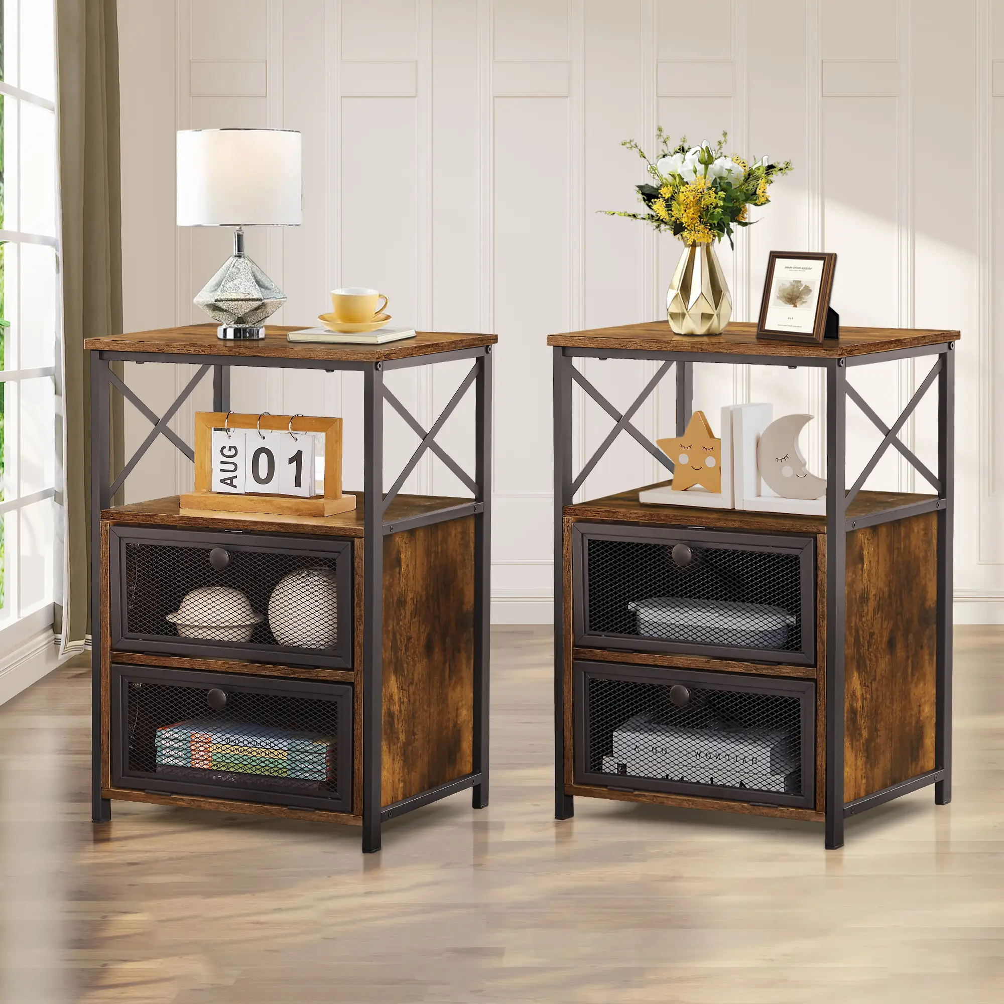 VECELO NightstandWith 2 Flip Drawers Bedside Table End Table 2 Tiers Storage Shelves for Living Room Bedroom,Small Spaces Set of 2,Set of 1 Nightstand