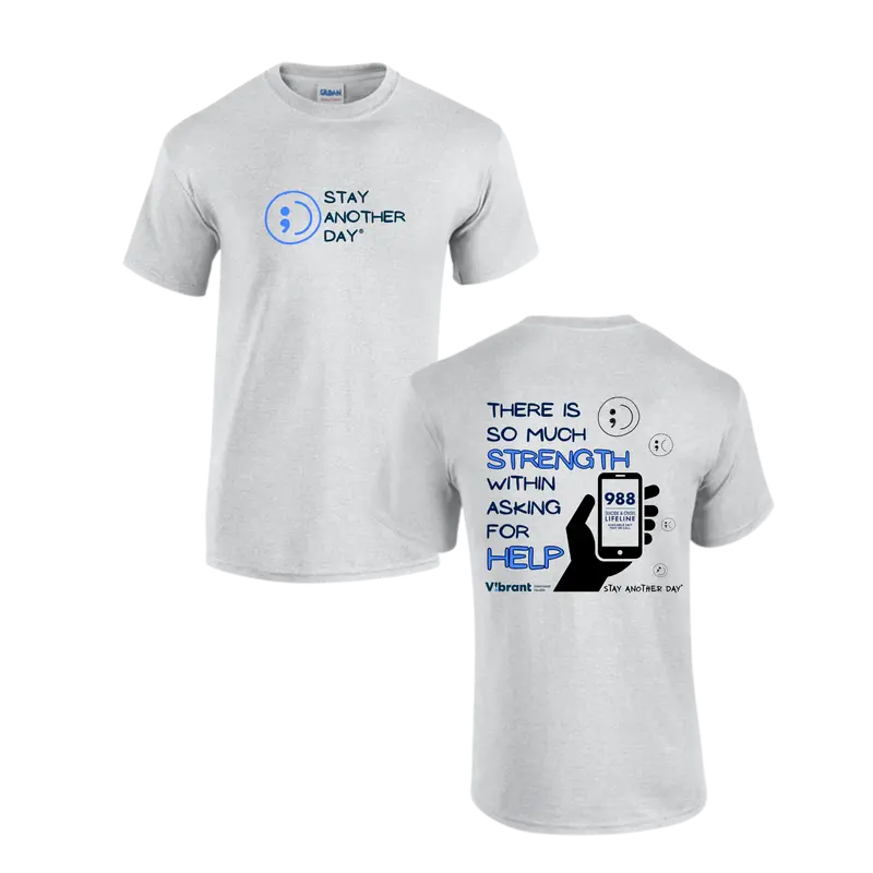 Stay Another Day x Vibrant Emotional Health 988 Mental Health Awareness Tee Shirt, Shortsleeve, Casual, Tops, Cotton, Fit, Soft, Unisex, Graphic Tee, T Shirt, Round Neck, Help Call Reminder, Casual Wear, Cotton Blend, Casual Tee Style, Bold Message
