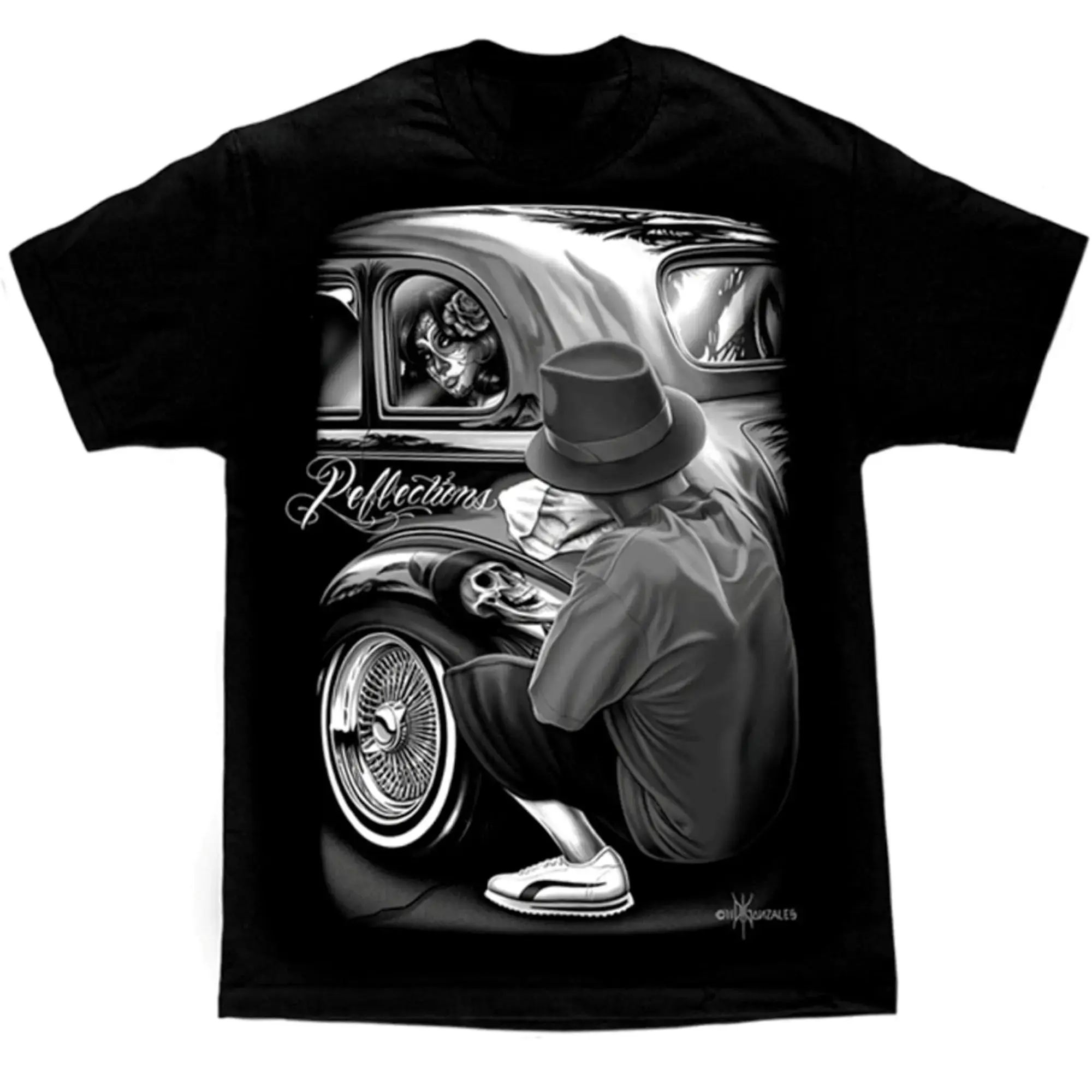 David Gonzales Men's Reflections Lowrider Skull Chicano DGA Art T-Shirt Sweatshirt Unisex Crewneck Cotton Tee for Daily Wear & Gifts