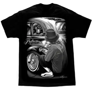 David Gonzales Men's Reflections Lowrider Skull Chicano DGA Art T-Shirt Sweatshirt Unisex Crewneck Cotton Tee for Daily Wear & Gifts