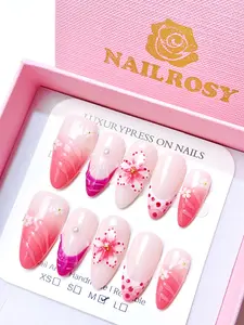 10Pcs Handmade Press on Nails Medium Almond Acrylic Beach Essentials Nail Supplies Fake Nails Stickers  3D Floral Manicure Y2K Cute Suitable For Girls And Women Festivals Parties And Daily Wear Gems Stuff French Gems Stuff floral press-on nail Pink, Diy N