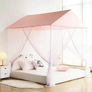 Bed Canopy with Pompom Princess Castle Indoor&Outdoor Mosquito Net Not Include Bed Poles(Twin,Pink)