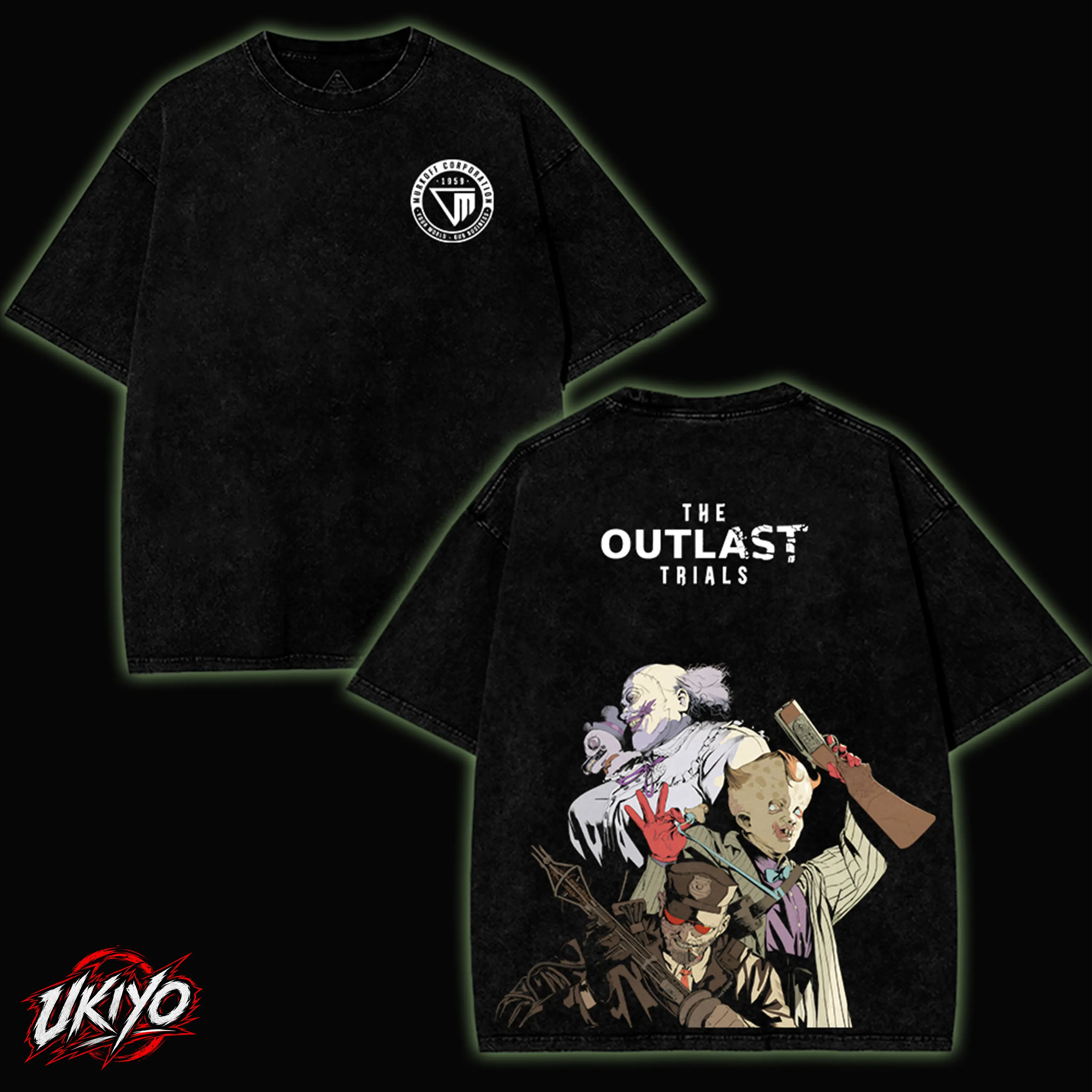 Outlast Trials v5 Washed T-Shirt Video Games, Horror Vintage Shirt, Game Fan, Streetwear Tops Black Fabric Menswear Cotton Seamless