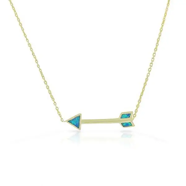 Women's 925 Sterling Silver Sideways Arrow Pendant Necklace, Gold-Tone with 0.25in x 1.10in Blue Simulated Opal, Dainty Adjustable Chain Birthday Gift for Youth & Adults, Casual Jewelry Accessory, 2.5 Grams